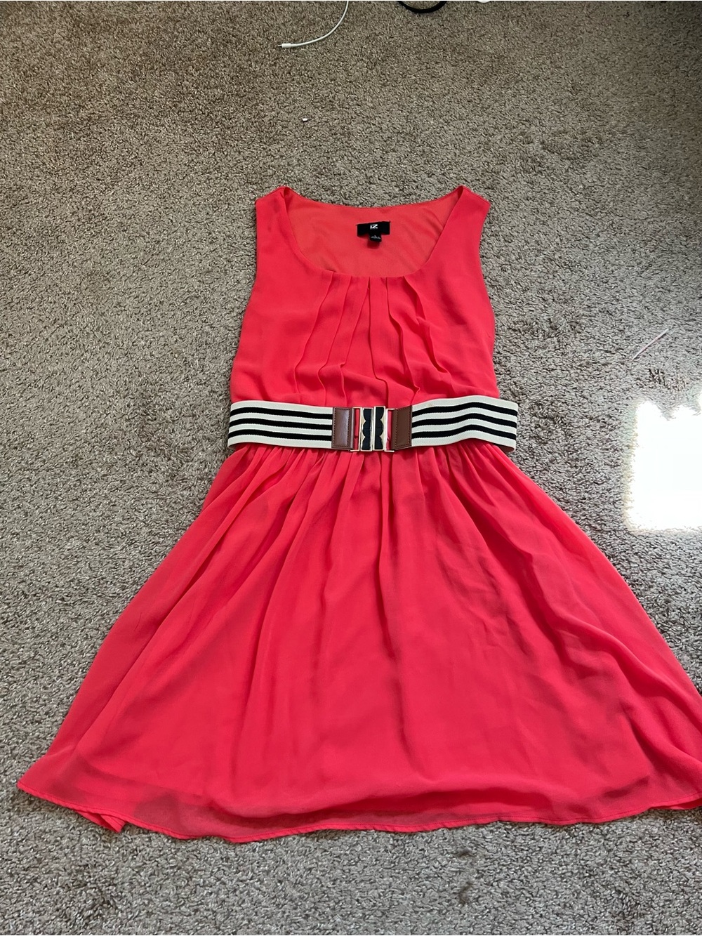 Juniors Style Coral Pink A-Line Knee Length Belted Scoop Neck Pleated Midi Dress